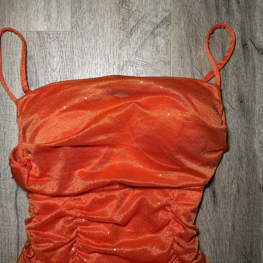 IRIS Orange Ruched Bodycon‎ Mini Dress Mesh Glitter Size S Going Out Party - Picture 2 of 4
